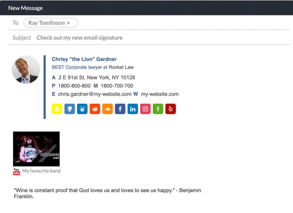 Lawyer email signature BAD example - noisy and overloaded