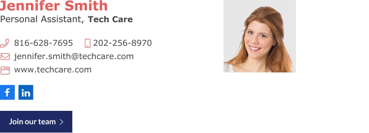 Personal assistant signature block with HR Join our team button