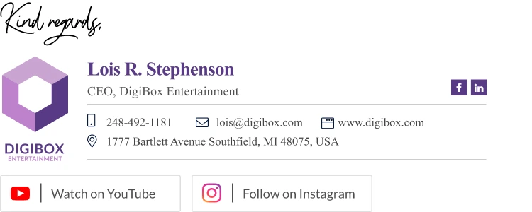 modern CEO email signature with social media buttons and cursive sign off