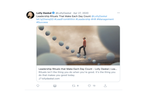 a post on Facebook by Lolly Daskal that reperests personal branding by being consistent with brand content