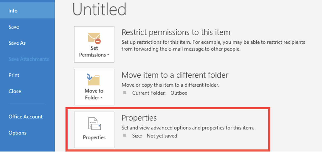 While within the New Email window, you can encrypt a single message. Step 1: Click on File > Properties.png