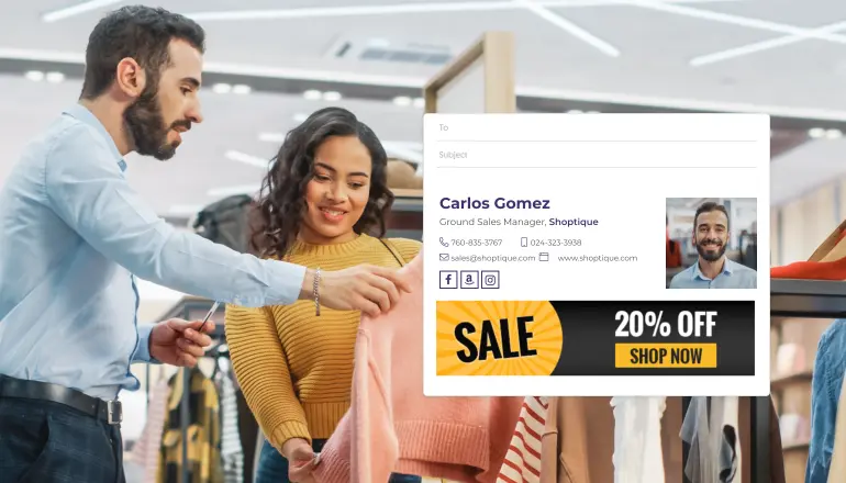 sales person email signature with a banner